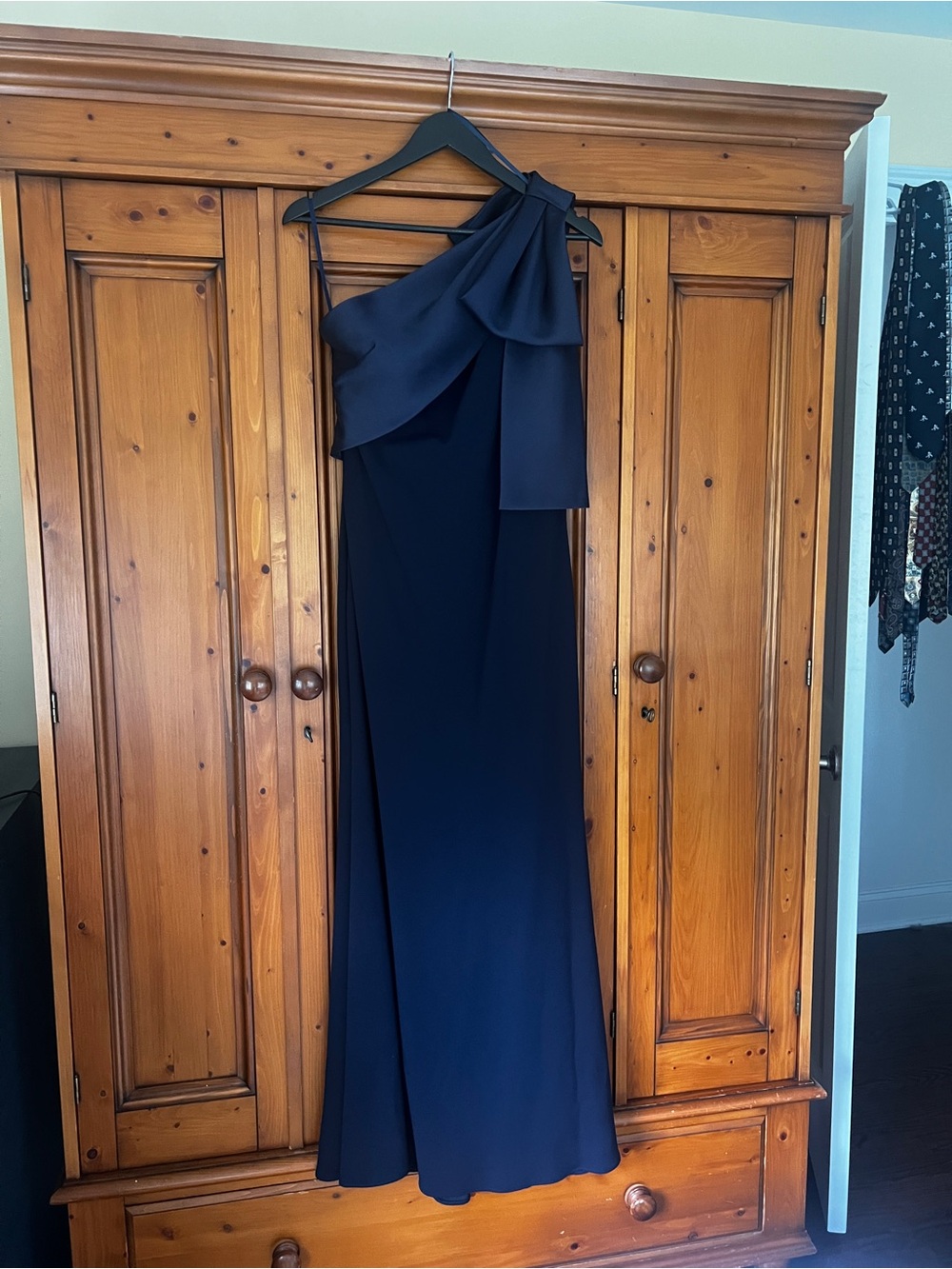Betsy & Adam One-Shoulder Navy Evening Gown with Draped Bow